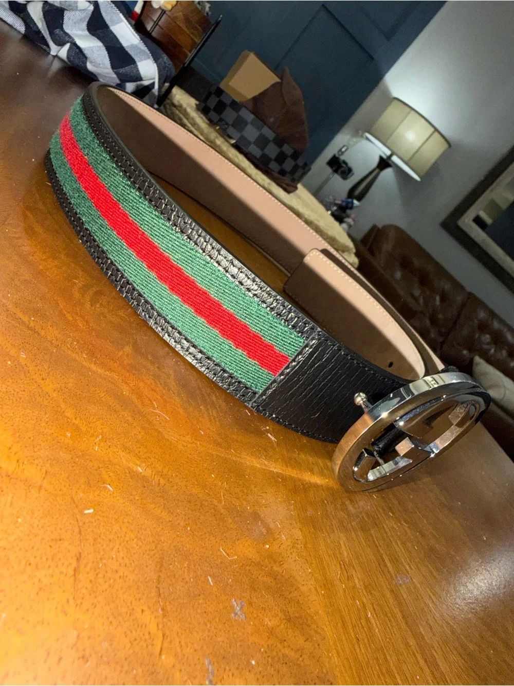 Gucci Black Leather Belt with Red and Green Web and GG Buckle